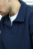 PULL EN LAINE MERINOS FUJI COL OUVERT  BLEU CABANE MADE IN FRANCE